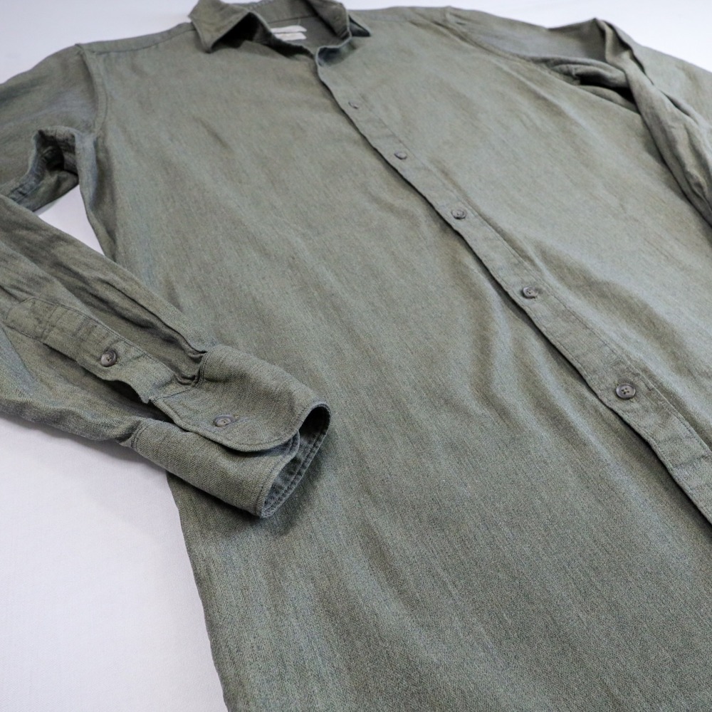 Massimo Dutti Button Down Shirt Mens Medium Olive Green Herringbone Cotton Long - Picture 3 of 13
